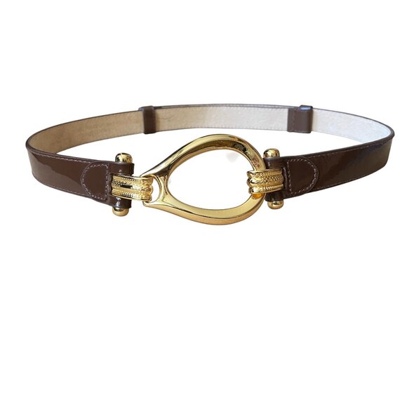 AMIEE LYNN Brown Patent Leather Adjustable Belt Oval Gold Buckle - M/L - Picture 1 of 5